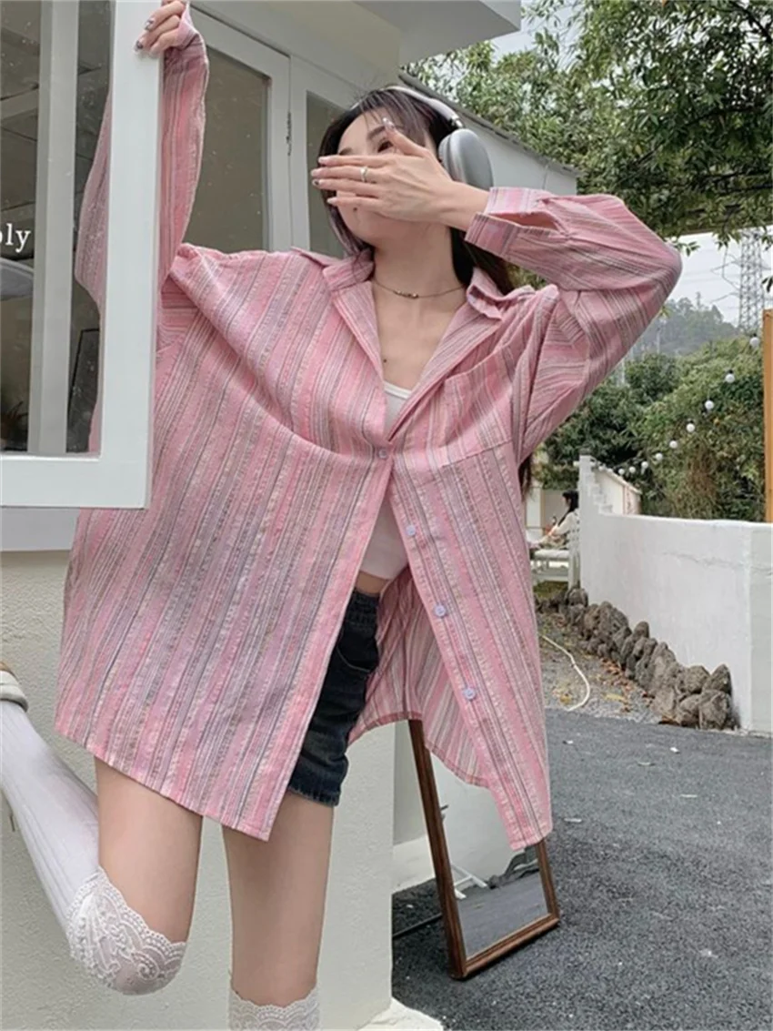 Alien Kitty Pink Shirts Stripes All Match Streetwear Women Spring Lazy Style Chic Loose Fashion New 2023 Office Lady Casual