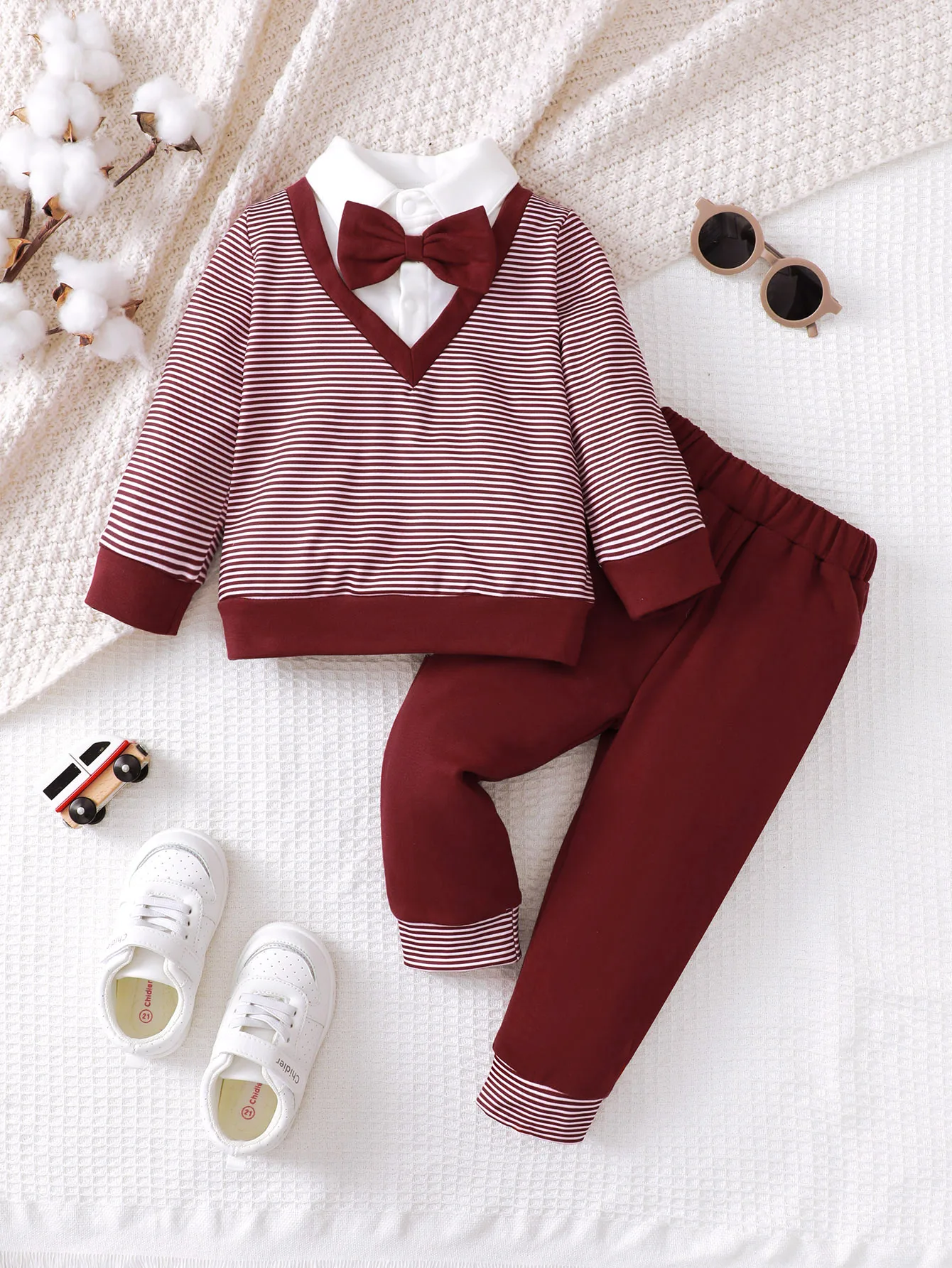 Conjunto de roupas e calças listradas com laço para meninos, 2 peças, primavera e outono, para meninos de 0 a 3 anos, festas da moda, festivais, roupas masculinas