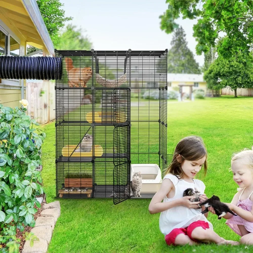 Cats Large House Cage Crate 4 Tier Cat Cage Large With Hammock Outdoor Cat Enclosure Catio Metal Kennels for 1-3 Cats Dog Corral