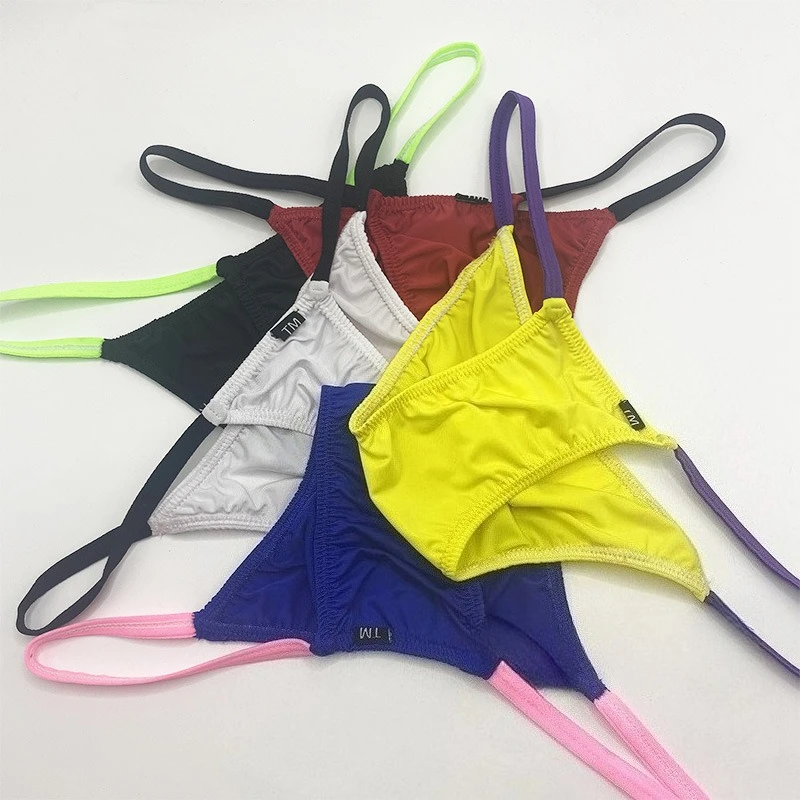 Men Low Rise Brief Underwear, Contrast Thin Straps Breathable Comfort No Pouch Male Triangle Panties Casual Daily Underpants