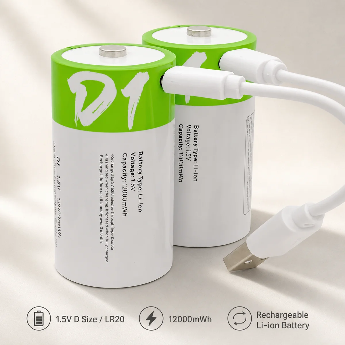 Long Lasting Rechargeable Lithium D Size Battery LR20 1.5V 12000mWh with Type-C Cable For Flashlight Gas Stove Water Heater Use