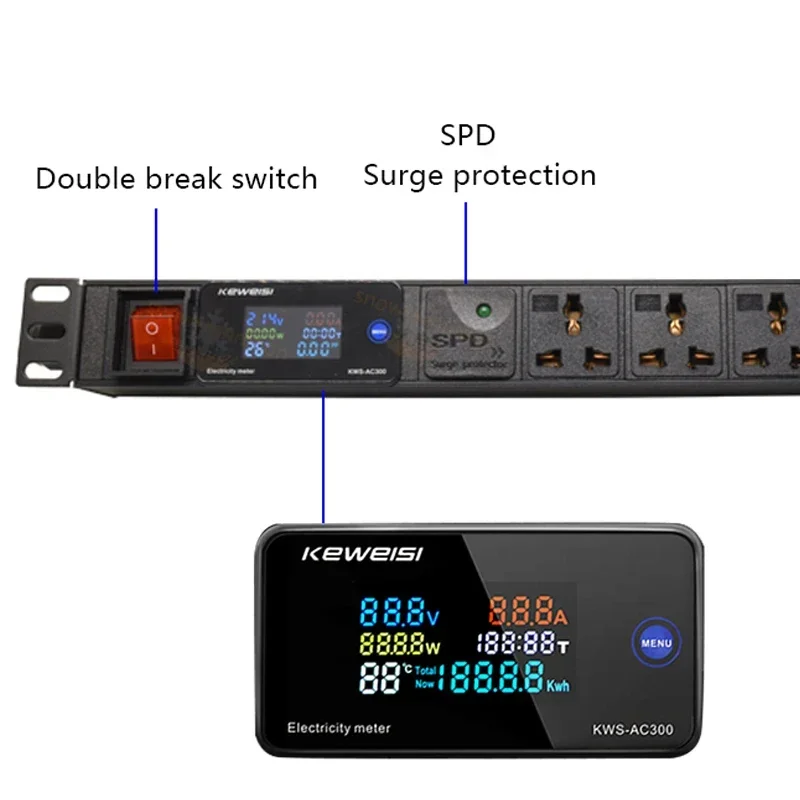 19Inch PDU Power Strip Cabinet Rack Mount Digital Voltmeter Ammeter Wattmeter EU/US/UK C13/Universal Outlet Surge protection