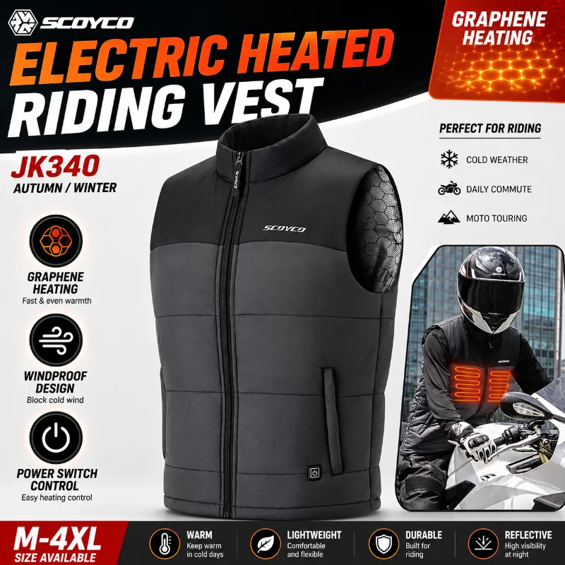SCOYCO JK340 Electric Heated Motorcycle Vest Graphene Thermal Windproof Warm Riding Vest for Autumn Winter Moto Touring