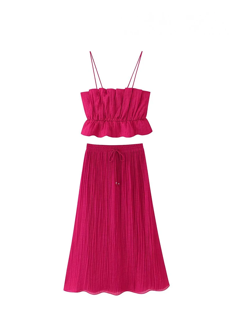 HH レディース エレガント ノースリーブ バックレス プリーツ装飾 スリング ショートトップ+伸縮性ウエスト リボン レースアップ サマー ミディスカート セット