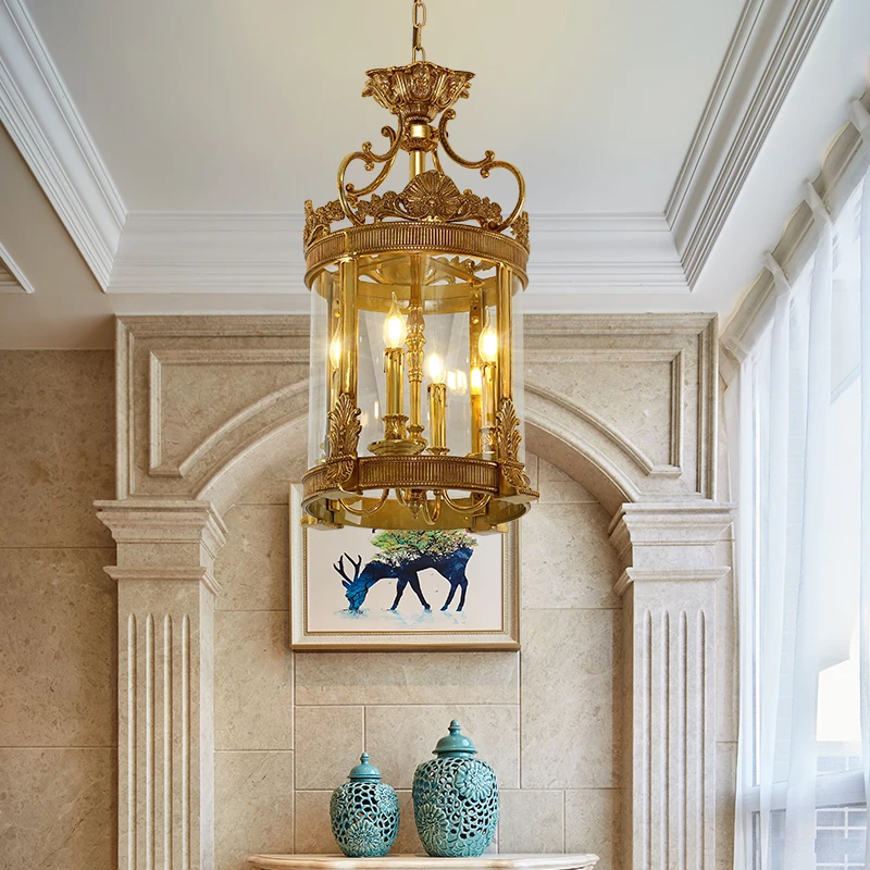French chandelier European restaurant all-copper entrance balcony corridor foyer rural retro luxury atmosphere
