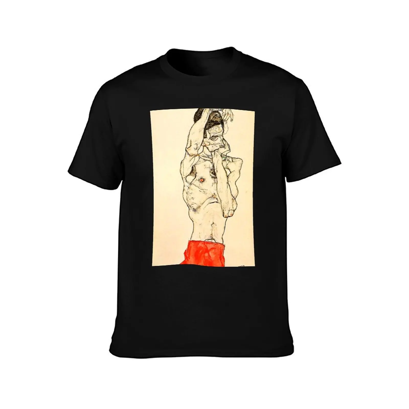 HD. Standing Male Nude with Red Loincloth, by Egon Schiele T-Shirt Classic Crew Neck Cotton T-Shirt
