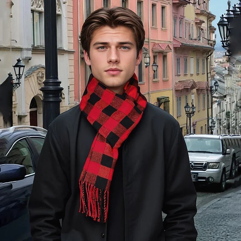 Men's Checkered Faux Cashmere Scarf with Tassel Winter Shawl Striped Warm Neck Cover for Outdoor High-Quality Winter Accessory