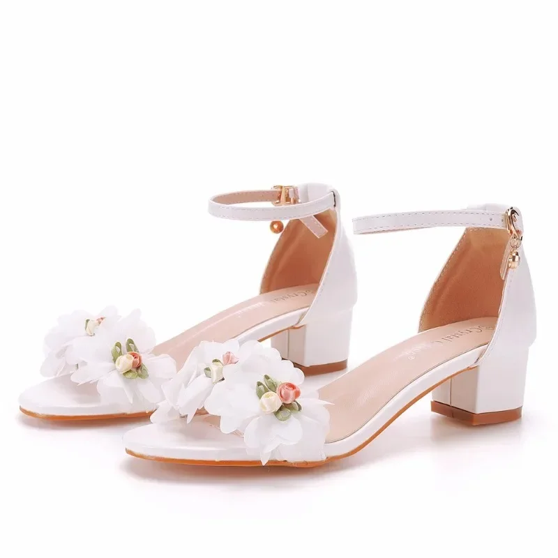 Pumps Women Heeled Sandals Wedding Flower Buckle Strap PU 7CM Square Heel Classics Women Dress Shoes White High Quality