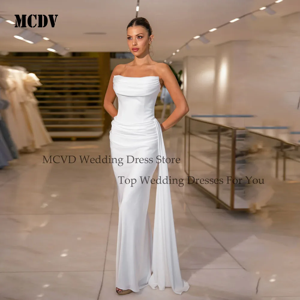 

MCDV Simple Pleat Strapless Mermaid Wedding Dress Bridal Sexy Corset Open Back Strapless White Bridal Sleeveless Customized