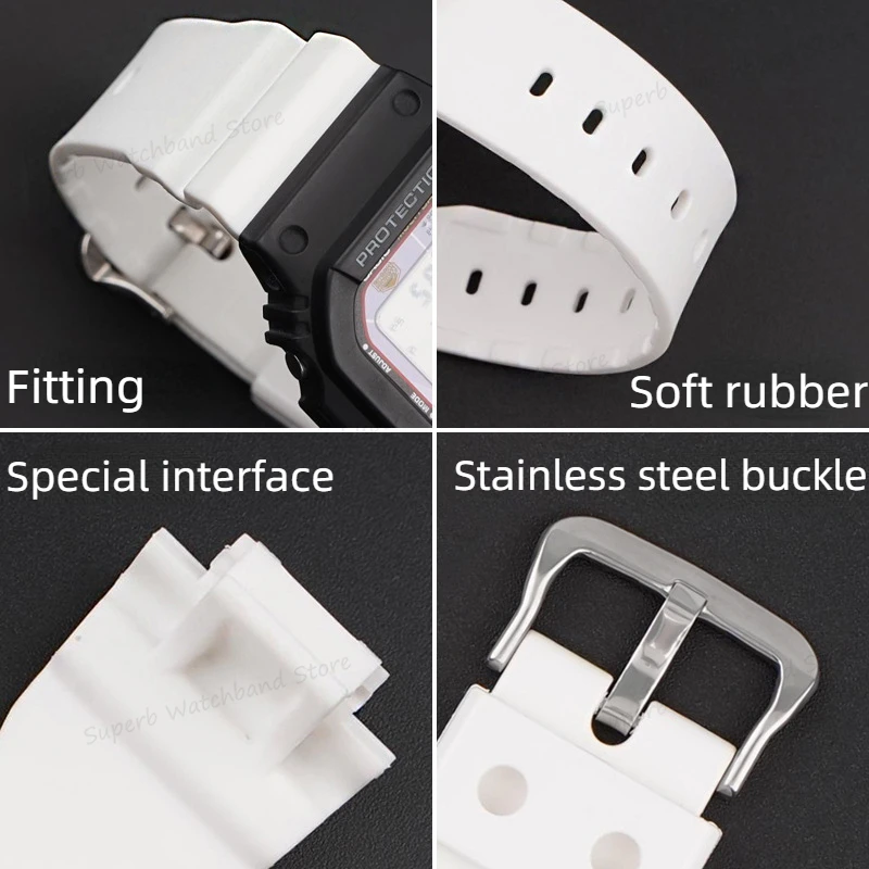 16mm Rubber Watch Band for Casio Small Square 5600/5610 Series 6900 White Strap Sport Waterproof Replacement Band Accessories