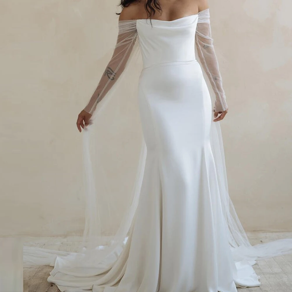 

Formal and Classic Jersey Off the Shoulder Strapless Pleats Wedding Dresses Long Sleeves Floor Length Straight Sweep Train Gowns