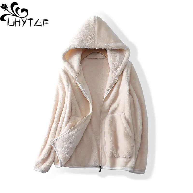 

UHYTGF Coat Women Double-Sided Polar Fleece Autumn Winter Jacket Female Coral Fleece Soft Hooded Warm Large Size Outerwear 2663