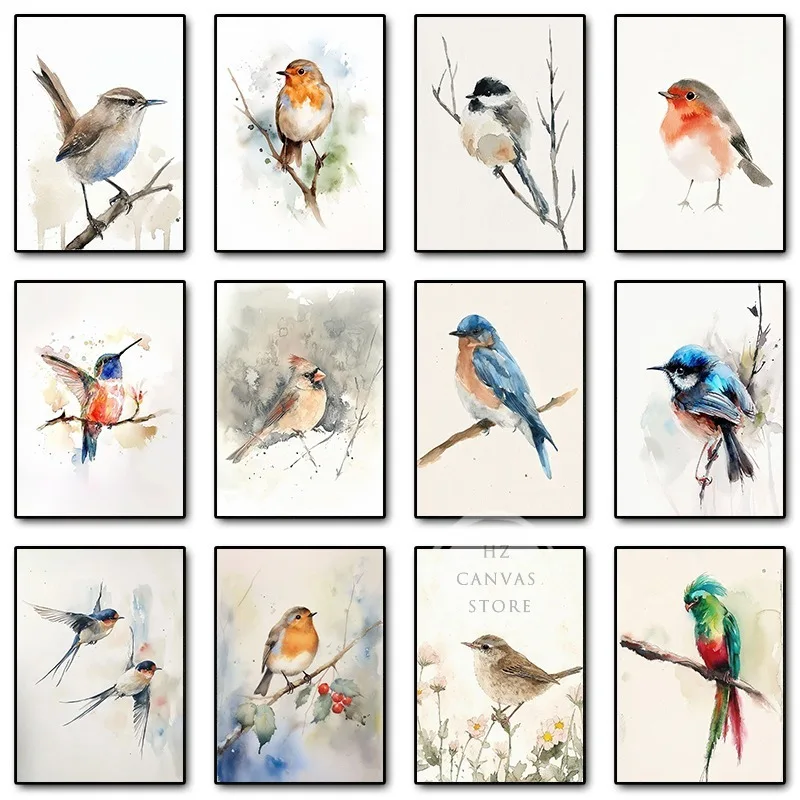 Bird Chickadee Robin Watercolor Poster and Print Bird on Branch Canvas Painting Minimalist Wall Art Picture for Room Home Dec