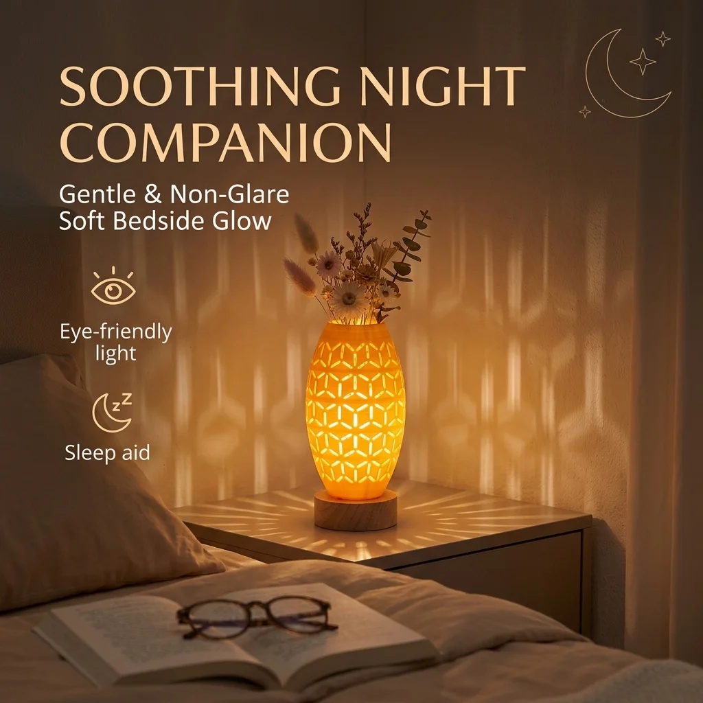 Modern Hollow Wooden Base Night Light USB Ambient Table Lamp Artistic Shadow Projector Aesthetic Bedroom Desk Decor Lamp