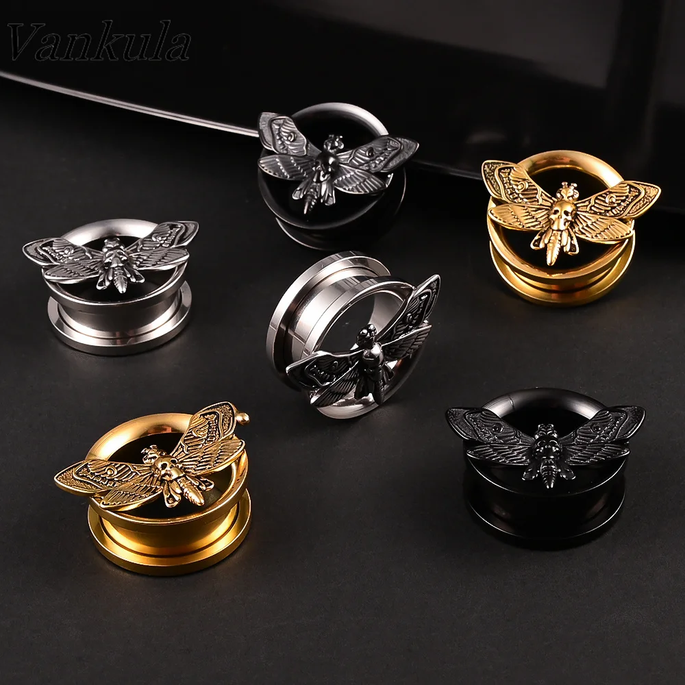 Vankula 2PCS Stainless Steel Ear Gauges Plugs Death Moth Teardrop Double Flared Tunnels Plugs Stretcher Plugs Piercing Jewelry