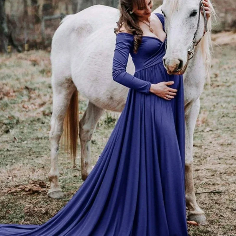 Schwangeres Kleid für Fotografie Fotoshooting Frauen Umstands mode Sommer schulter frei Langarm lange Schwangerschaft kleider