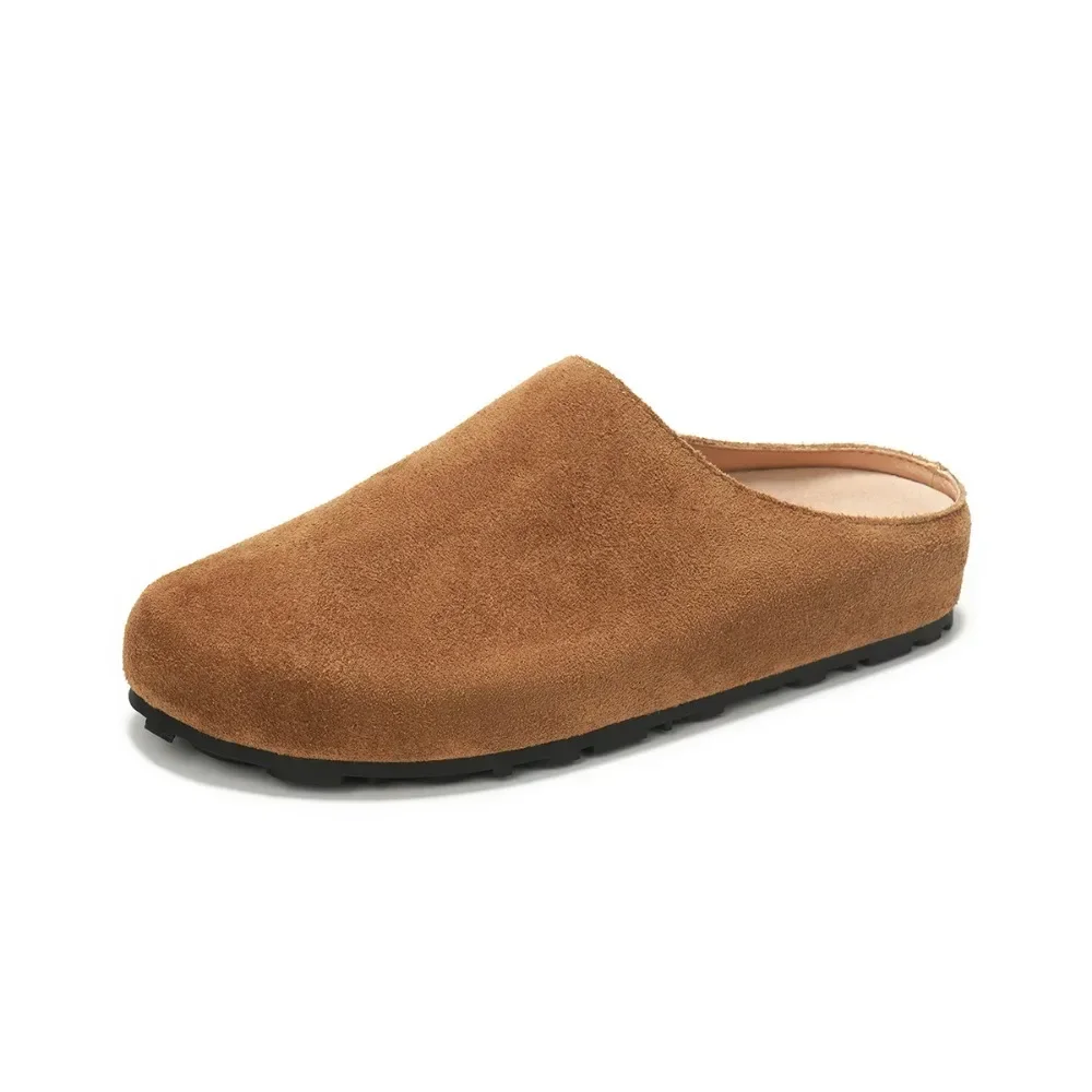 Genuine Leather Slippers Women Outside Baotou Half Slippers Female Cow Suede Leather Women Slippers Flat Bottomed Sandals Women