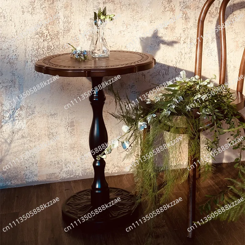 French Farmhouse Solid Oak Round Coffee Table Vintage Home Furniture Multi-Functional Sofa Side Table & Balcony Bistro Table
