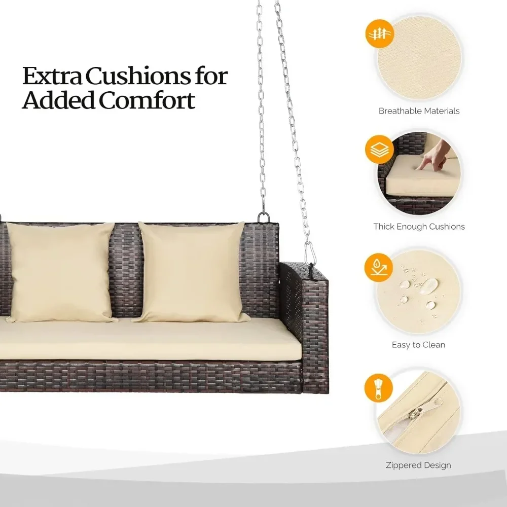 

-Patio Swings, Heavy Duty 800 LBS Wicker Hanging Porch Swing With Cushions & Chains, 4FT Outdoor Rattan Swing Bench For Ga