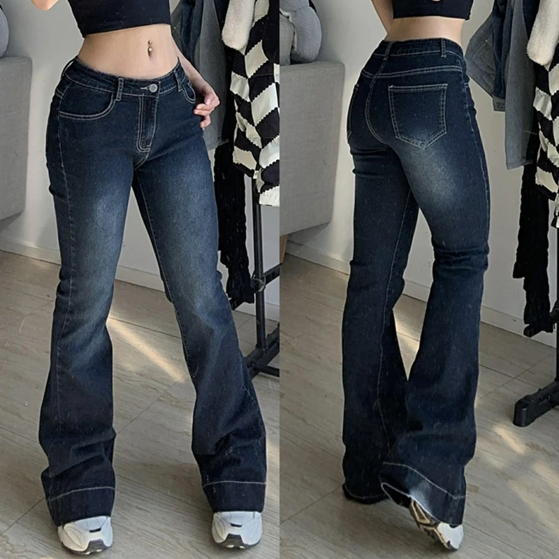 Damen niedrige Taille ausgestellte Hosen Frauen stilvolle Farbverlauf blaue Flare Jeans Mode Damen Jeans hosen steigen dünne weite Bein hosen