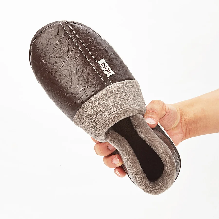Winter-Herrenhausschuhe mit PU-Obermaterial, wasserdicht und kältebeständig, TPR-Sohle, warme Memory-Schaum-Einlage, rutschfeste, weiche Polsterung, Indoor-Schuhe. – Detail 9
