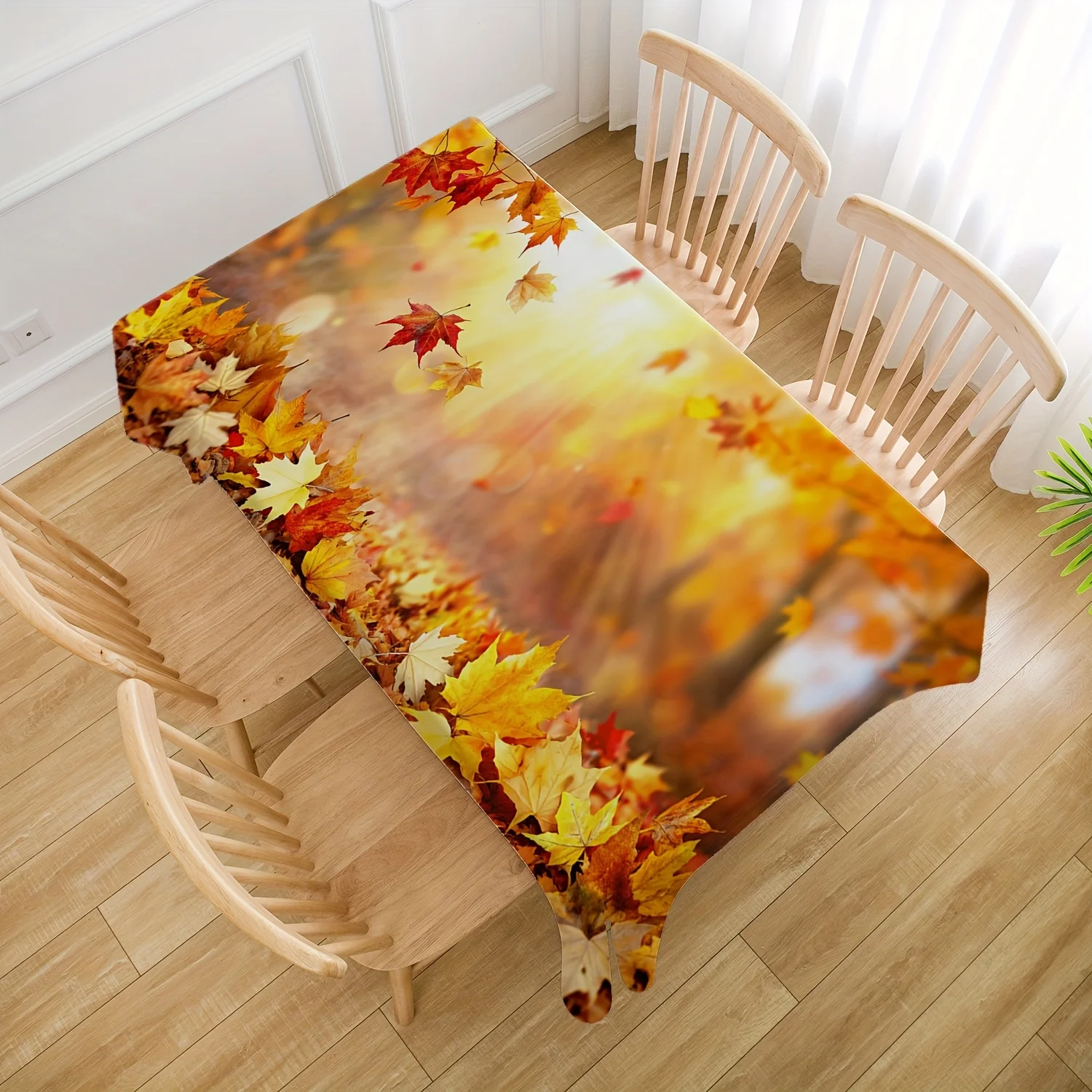 One autumn landscape pattern tablecloth with bright fallen leaves print - durable polyester square tablecloth