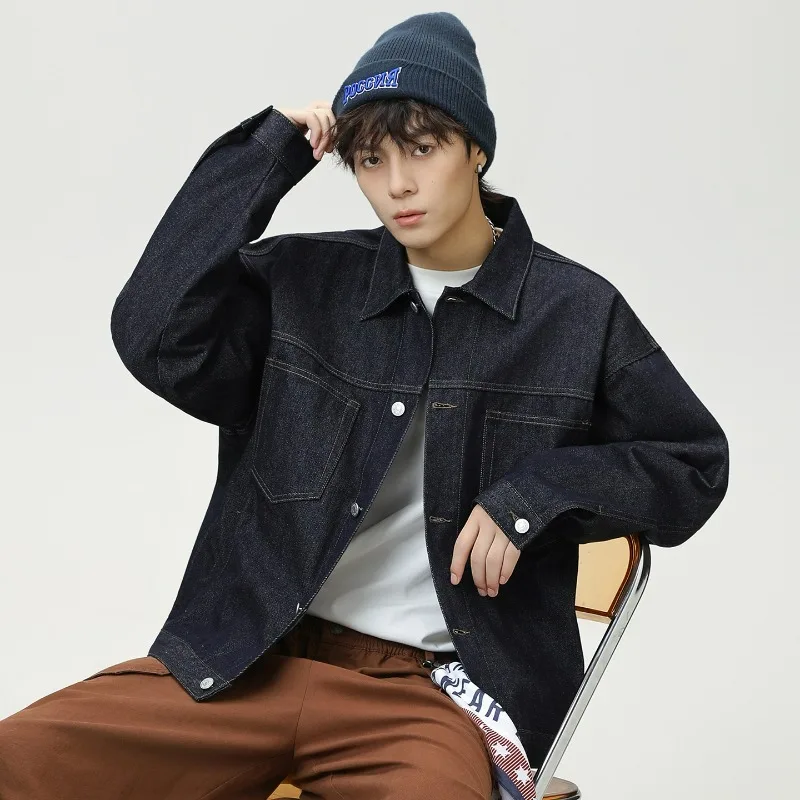 Men's Autumn Edition American Retro High-end Lapel Loose Jacket with A Double-pocket Workwear Denim Jacket Made of Plain Cow New