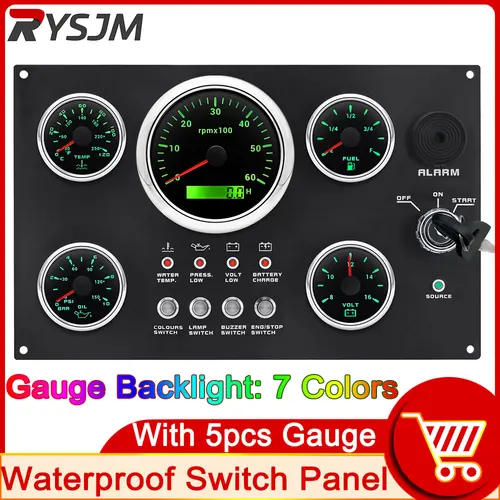 5 게이지 세트 스위치 패널, 12V, 24V, 4 단추 패널 라이트 토글 게이지, 자동차 해양 보트, 4K-8K 타코미터, 수온 연료 레벨