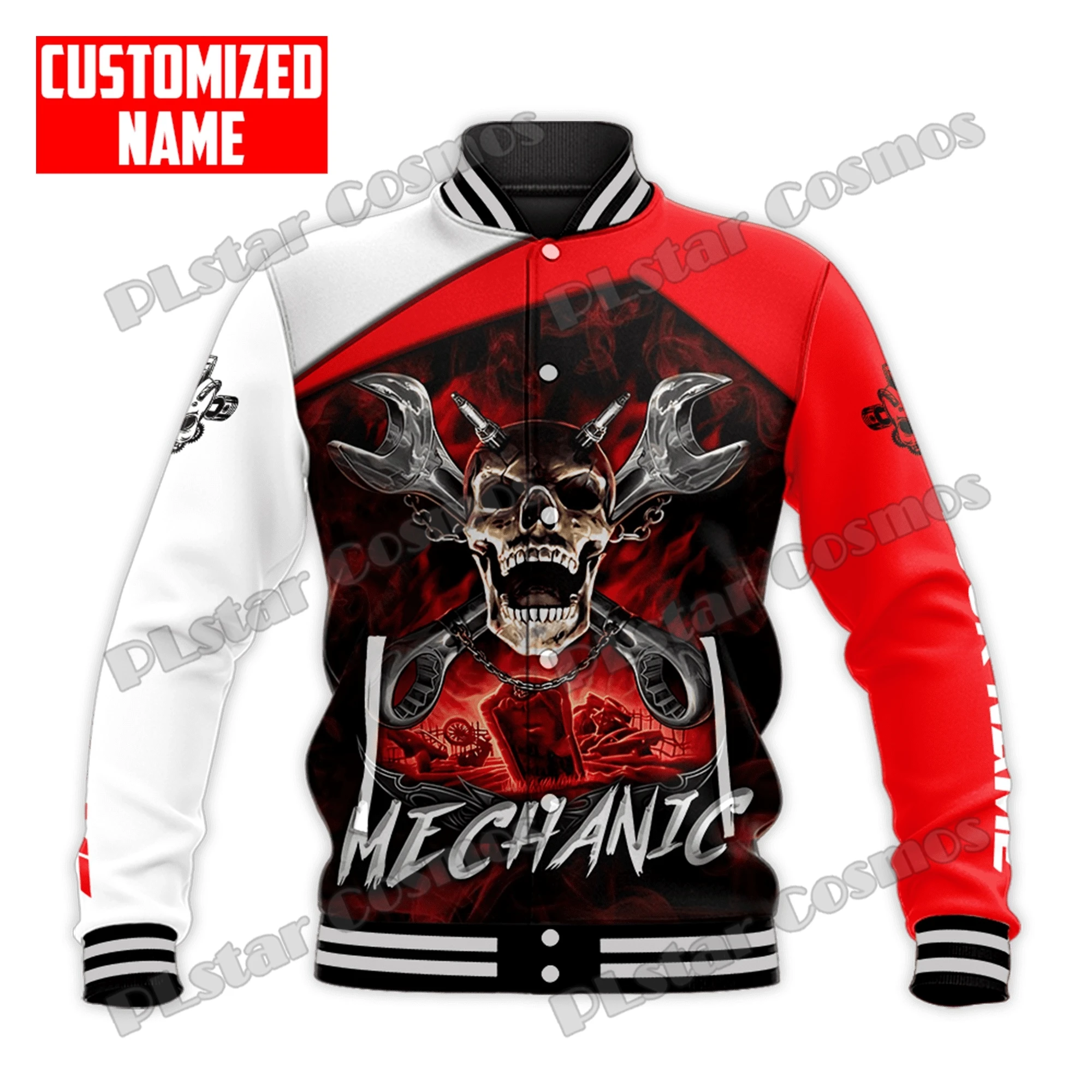 Personalized Name Mechanic Skull 3D Printed Fashion Mens Baseball Varsity Jacket Unisex Casual Winter Baseball Jacket BQF02