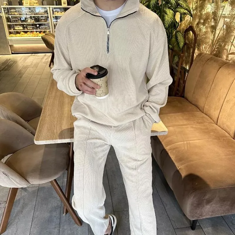 Men's Solid Color Simple Basic Casual Trendy Loose Corduroy 2 Piece Sets Stand Collar Zipper Sweatshirts Wide Leg Trousers Male