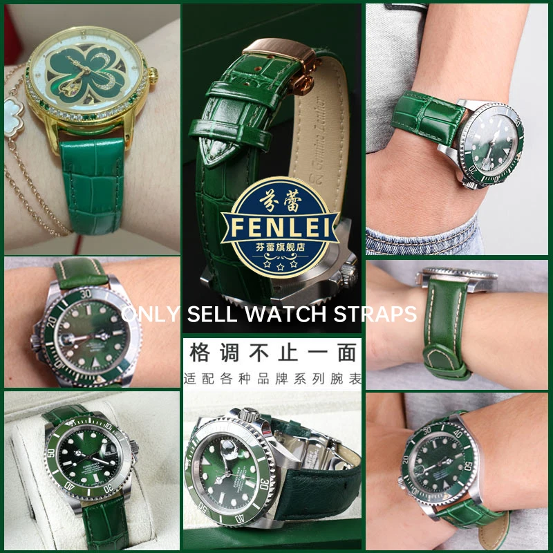 18mm 20mm 22mm High Quality Bamboo Pattern soft cowhide WatchStrap Men Butterfly Buckle Ostrich leather Green Watchband Bracelet