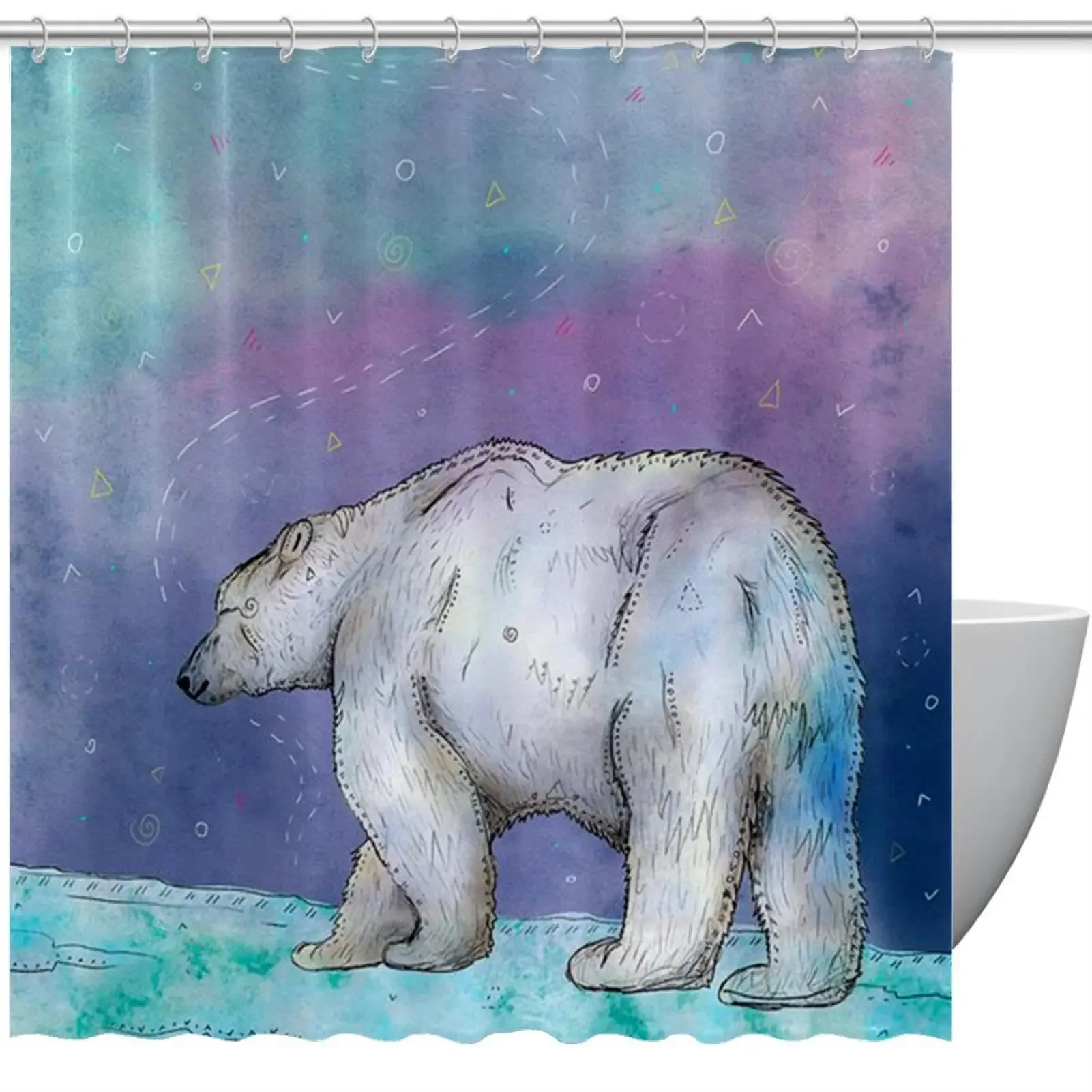 White Polar Bear Shower Curtain Cartoon Style Hand Drawn Animal Shower Curtains Bathroom Waterproof Bathtub Screen Decoration