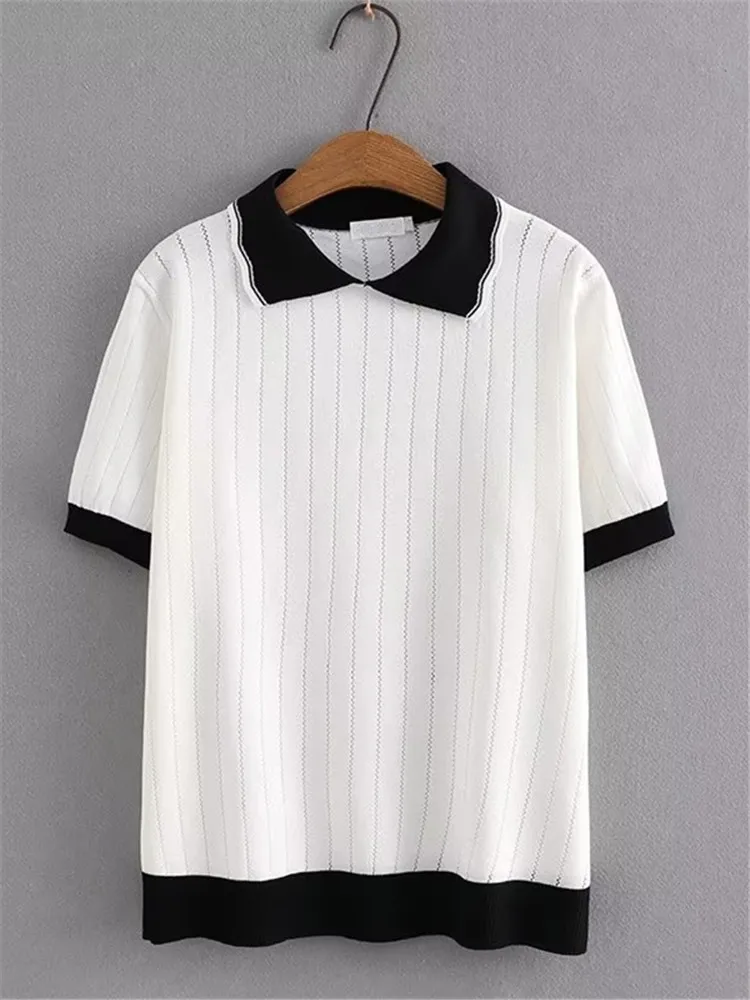 Plus Size Women\'s Clothing T-Shirt Black And White Contrast Lapel Polo Shirts Basic Knitted T-Shirt Summer Thin Short Sleeve T