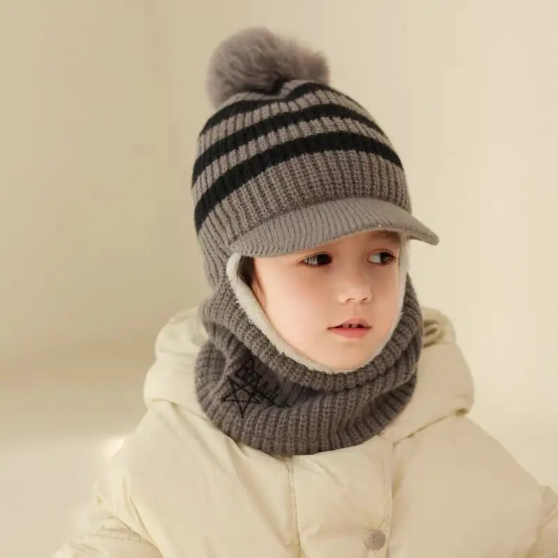 Children Winter Hats Velvet Scarf One-piece Hat Windproof Mask Caps Boys Girls Cute Striped Hats Khaki Coffee Gray Knitted Hats