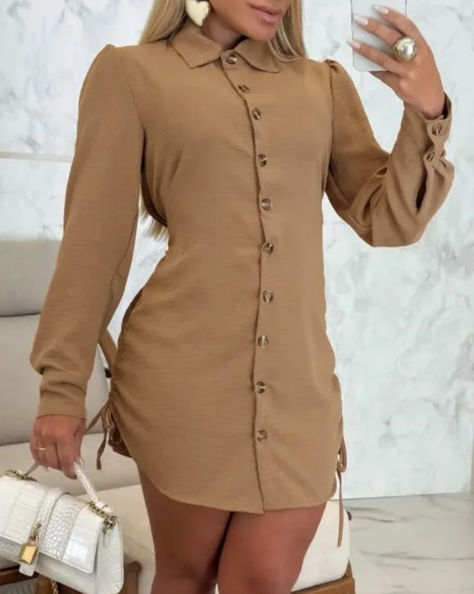 

2024 Summer Casual Standing Neck Women's Wear Side Drawstring Rib Button Roll up Sleeve Shirt Dress