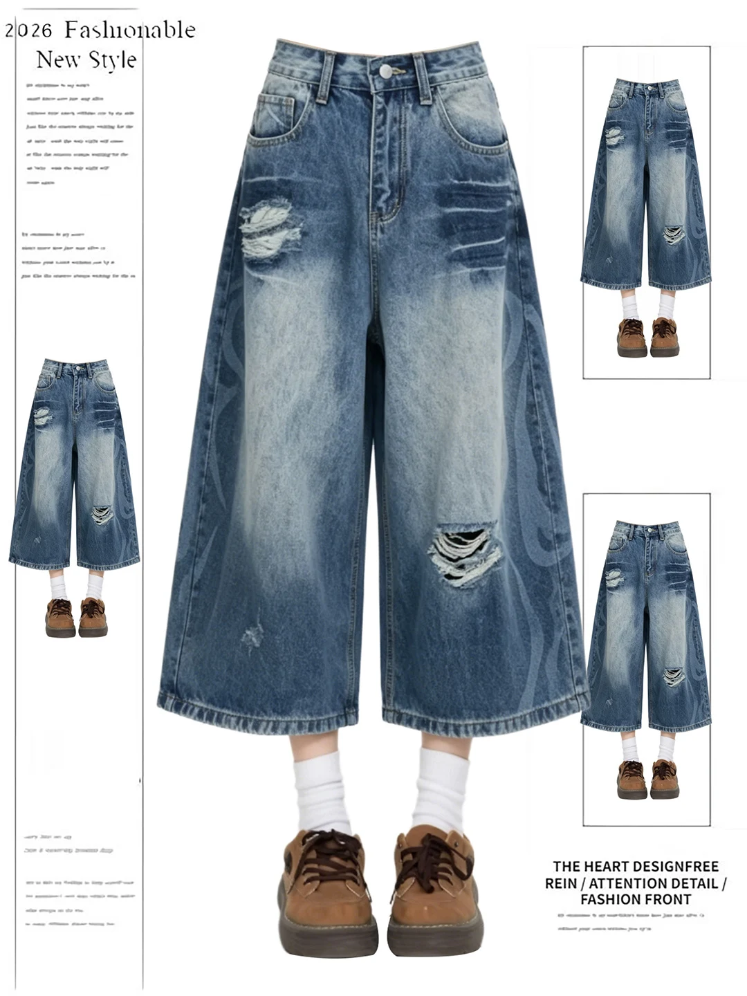 

American Style Vintage Ripped Jeans High Waist Wide Leg Pants Casual Summer New Loose Short Length Denim Skinnies for Women