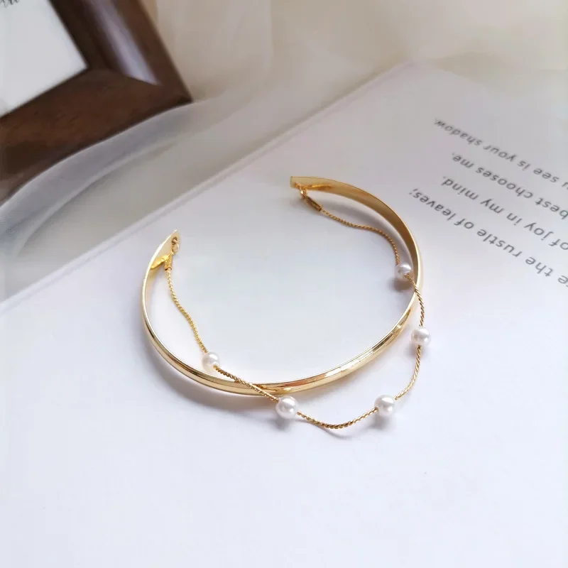 Korean Simulated Pearl Metal Double Layed Bracelet for Women Female Gold Color Alloy Chain Charm Bracelets Wedding Jewelry Gift