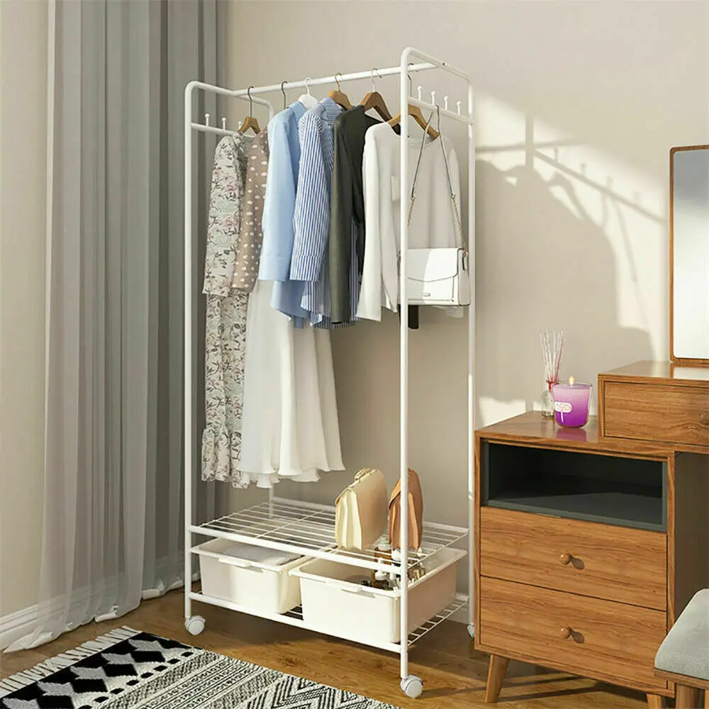 2 Tiers Metal Garment Rack Rolling Closet Organizer Shelf Rack with 2 Pairs Side Hooks Open Wardrobe