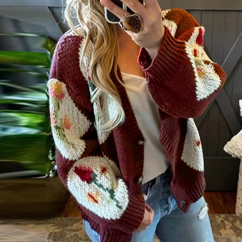 

2025 Elegant V-neck Loose Knit Cardigan Fashion Jacquard Contrasting Colors Outerwear Casual Long Sleeve Sweater Coat For Women