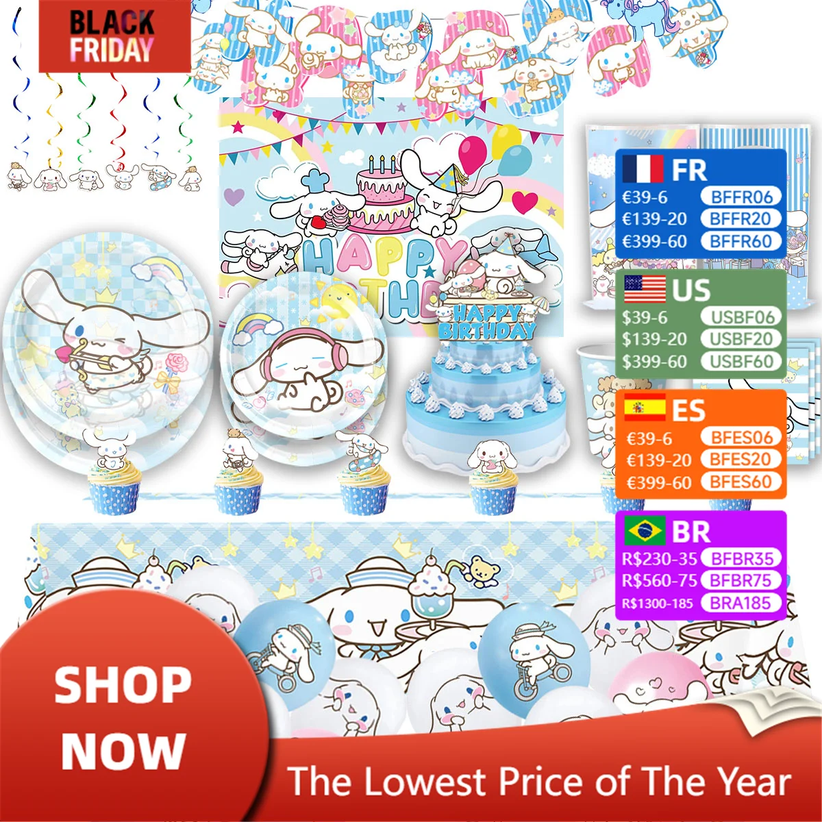 Décor de fête d\'anniversaire sur le thème du chien blanc, Cinnamo-Roll, bannière de ballon de poulet, assiettes de douche de bébé, bannière