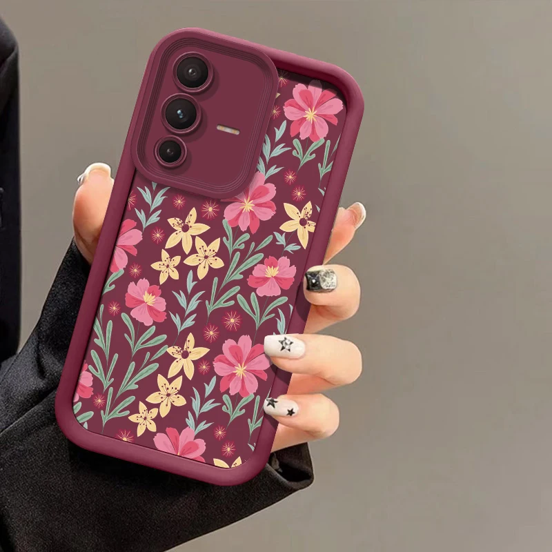 Casing HP V60 Fashion Flower untuk Vivo V27 Pro V25E V23E V27 V40 Pro V50 V29E V25 V30 SE V30E, Anti Benturan, Matte, Soft TPU