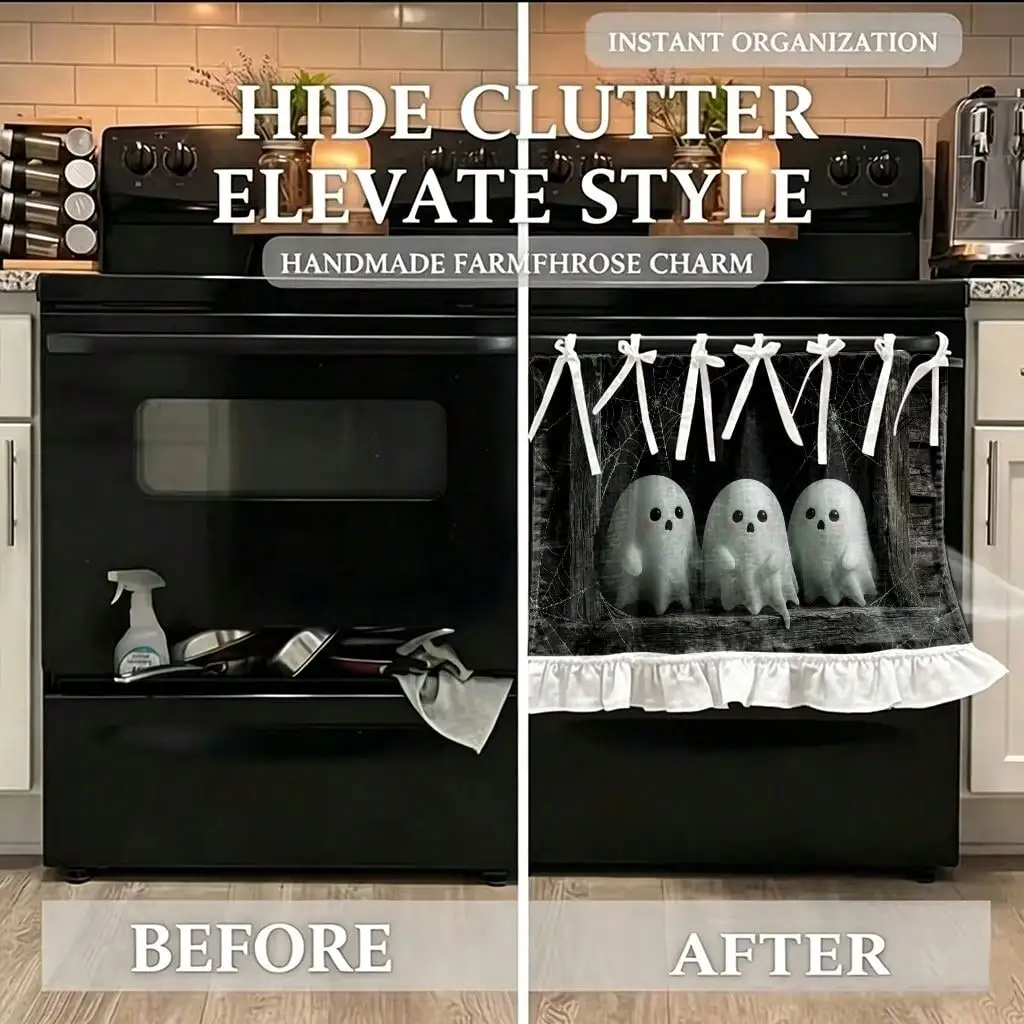 2D Flat, 1pc Halloween Kitchen Stove Oven Valance, 2D Print Three Cute Ghosts On Window Also Be Spooky Kitchen Decoration Curtain for Dishwasher Microwaves Cabinet Kitchen Sink, Makes a Great Addition to Your Halloween Theme Home, Festive Gift