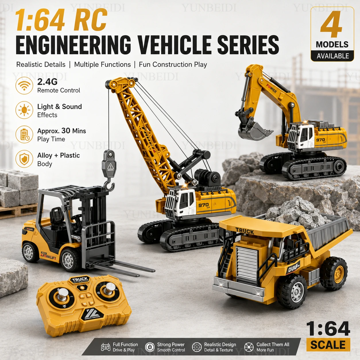 Mini Coche de Aleación a Escala 1:64 con Control Remoto, Grúa Excavadora, Juego de Escritorio, Camión de Ingeniería RC 2.4G, Juguetes para Niños, Regalo Festivo