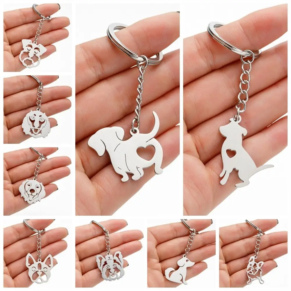 Animal Keyring Dog Keychain French Bulldog Stainless Steel Dog Pendant Keyring Bag Pendant Metal Pet Memorial Keychain