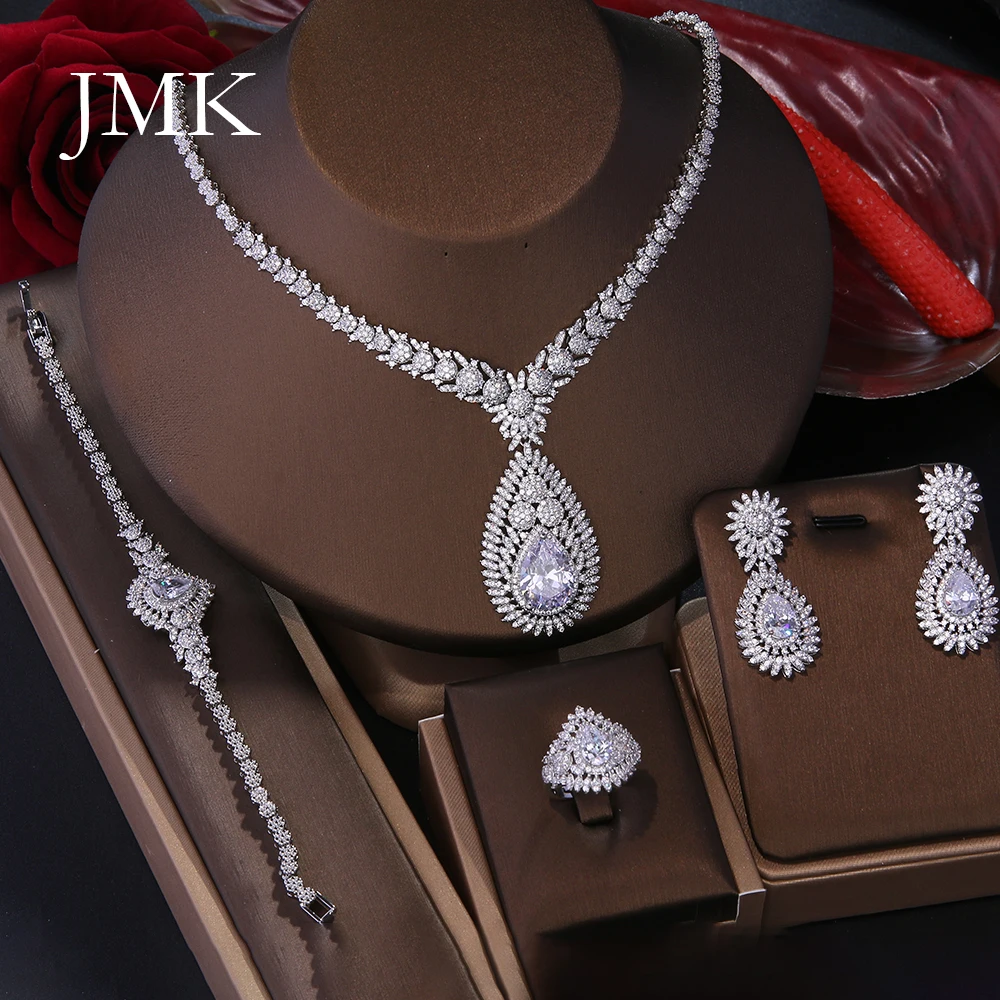 

JMK Dubai Bridal 4pcs Jewelry Sets Luxury Women Silver Plated Jewellery Bridesmaid Birthday Party Gift Dinner Wear Dropship