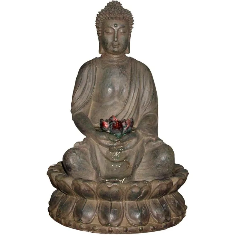 

GEM178 Indoor Tabletop Meditating Buddha Water Fountain with LED Lights and Lotus Flower, 19", Beige