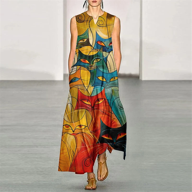 Elegant Abstract Hand-Painted Cat Printed Maxi Dresses Sexy Women's V-neck Tank Top Dress 2024 Elegant Loose A-line Party Dress