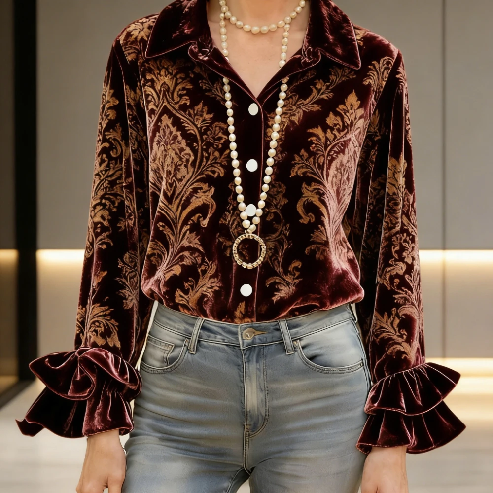

Women's Vintage Velvet Blouse Boho Chic Ruffle Bell Sleeve Print Top Floral Paisley Leopard Print Shirt for Date Night Festival