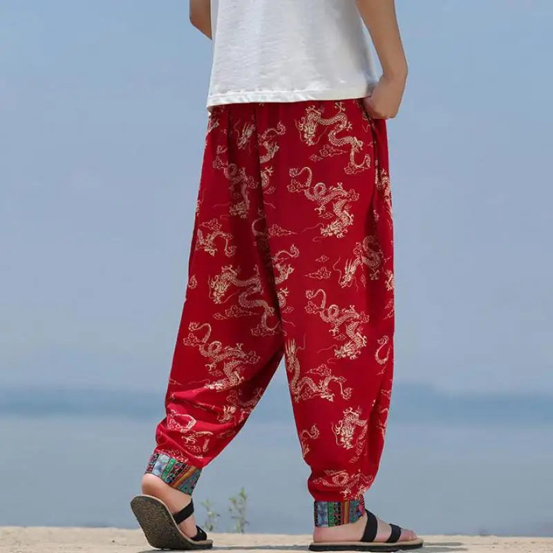 M-5XL Plus Size Men's Chinese Traditional Dragon Pattern Baggy Harem Pants Elastic Waist Loose Fit Trousers Summer Streetwear