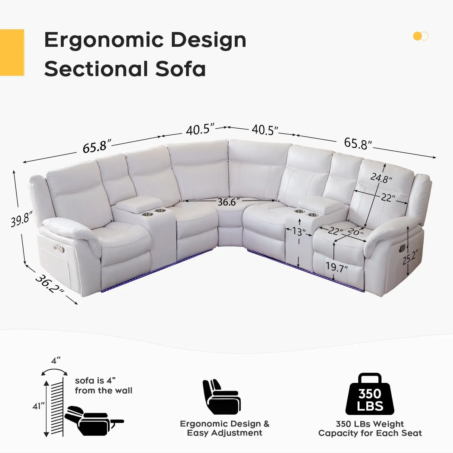 Manual Recliner Sectional Sofa With LED Lights, USB, Cup Holders & Storage Console - Leather Corner Couch With 2 Theater Recline